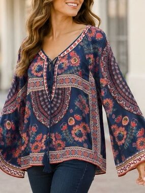 Flying Tomato Women’s Medium Boho Floral Lace-Up Bell Sleeve Top